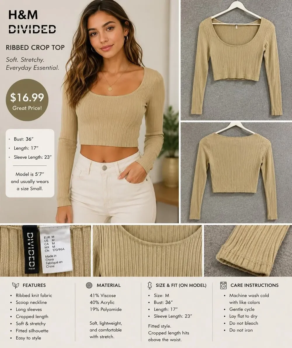 H&M Divided Women’s M Beige Ribbed Knit Scoop Neck Long Sleeve Crop Pullover